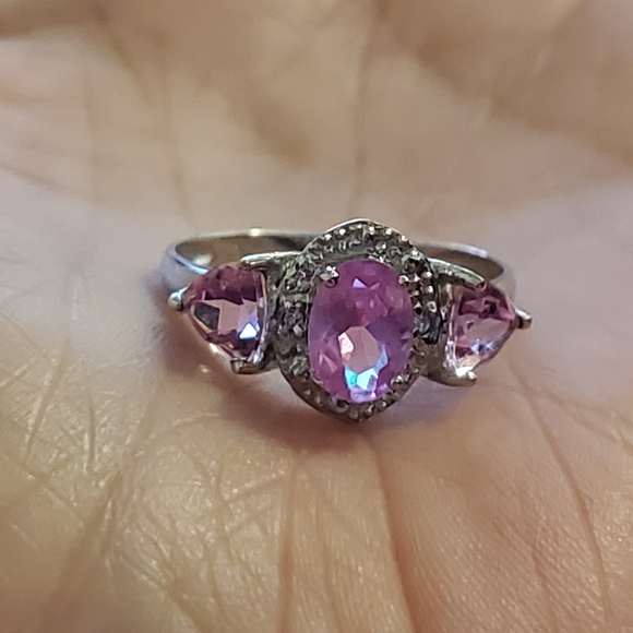 Pink sapphire/diamond accent 10k wg 3 stone ring - Picture 1 of 8